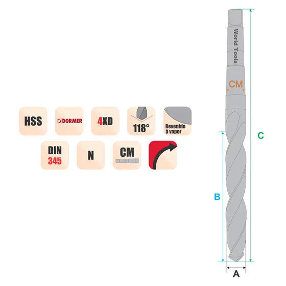 BROCA HSS HASTE CÔNICA CM2 Ø 21,00 X 228MM REVENIDA A VAPOR DIN 345 - A130 DORMER - Imagem 2